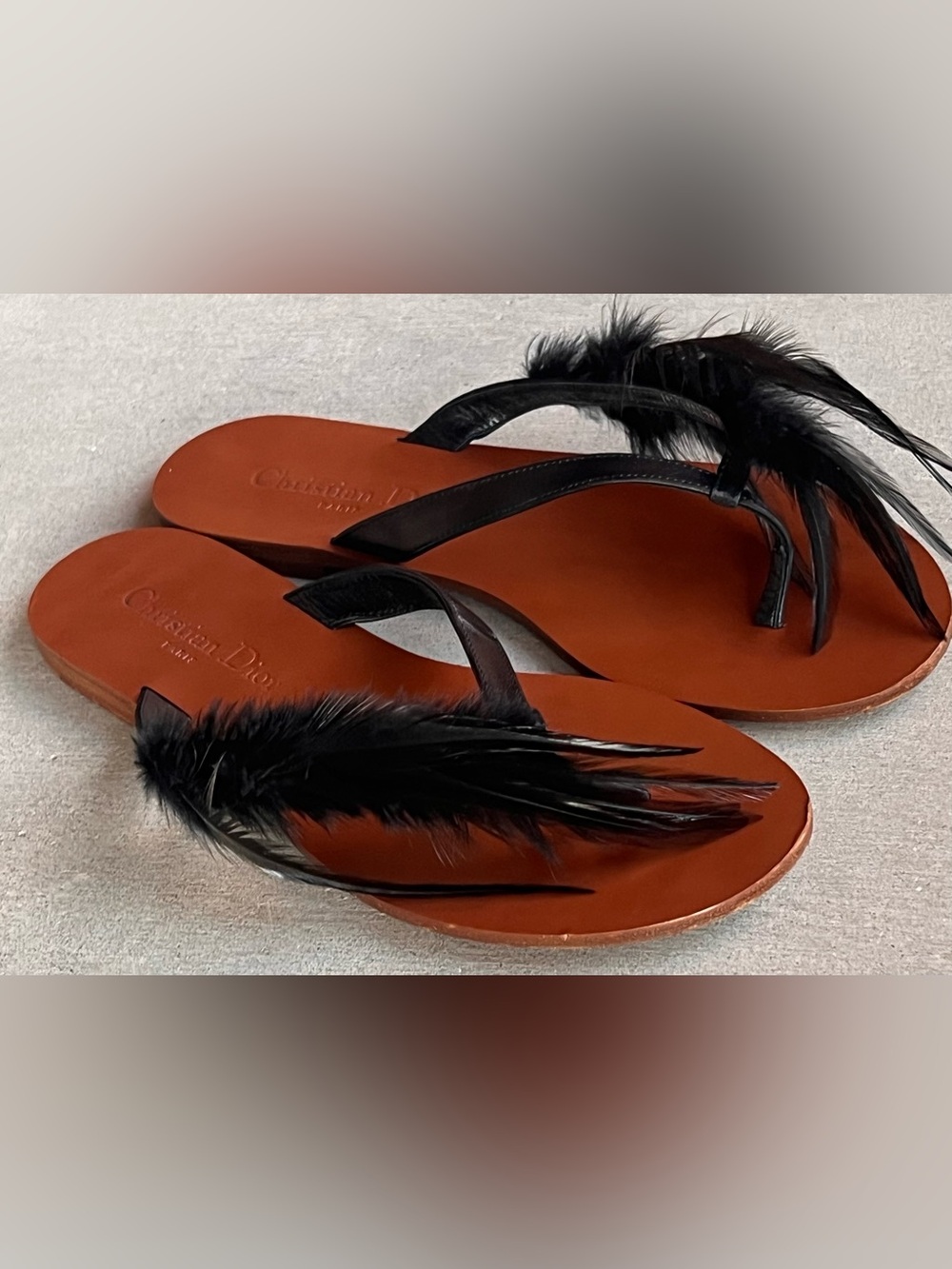 Christian Dior Ethnie Black Feather Leather Thong Flat Slide Sandals Italy 37